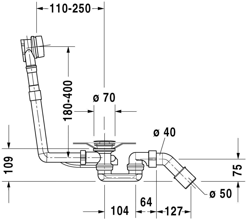 镀铬, 适用于浴缸带横出水口, 出水口直径为 52 mm, 拉线长度为 530